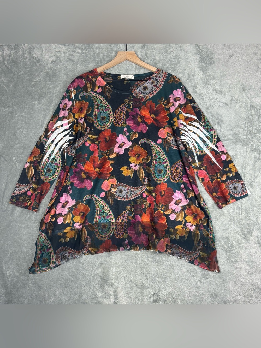 Jess & Jane Shirt Women 1X Green Floral Paisley 3/4 Sleeve Artsy Tunic